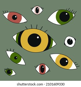 Flat simple illustration of eyes with eyelashes. Different shapes and colours