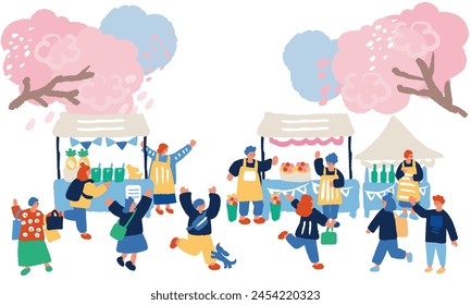 Flat and simple illustration of people enjoying the spring market