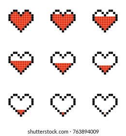 Ilustración simple plana de conjunto de objetos vectoriales de píxeles minimalistas aislados en fondo blanco. Iconos de color en el estilo de 8 bits. Colorosa colección de símbolos gráficos en píxeles. Imagen vectorial.