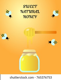 Flat simple image with honey and bees isolated on orange background with text. Colorful outline banner with chopstick. Vector illustration with honey stick. Card with apiary product. Honeycombs.