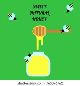 Flat simple image with honey and bees isolated on green background with text. Colorful outline banner with chopstick. Vector illustration with honey stick. Card with apiary product. Honeycombs.