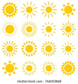 Flat simple image with sun set isolated on white background. Collection of weather icons. Vector illustration sunshine for weather forecasting. Picture with day star. Various images of sunlight.