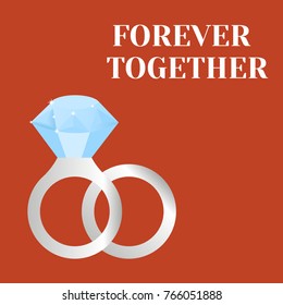 Flat simple image with wedding rings, pigeons, sparkles on blue background. Vector illustration of wedding card with text "merry me". Gold rings with a diamond for a wedding celebration