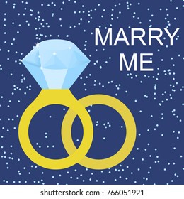 Flat simple image with wedding rings, pigeons, sparkles on blue background. Vector illustration of wedding card with text "merry me". Gold rings with a diamond for a wedding celebration
