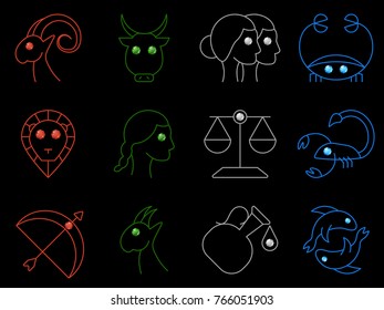Flat simple image with zodiac signs isolated on white background. Collection of icons of Aries,Taurus, Twins, Cancer,Leo,Virgo,Libra, Scorpio,Sagittarius,Capricorn,Aquarius,Pisces. Vector illustration