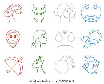 Flat simple image with zodiac signs isolated on white background. Collection of icons of Aries,Taurus, Twins, Cancer,Leo,Virgo,Libra, Scorpio,Sagittarius,Capricorn,Aquarius,Pisces. Vector illustration