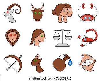Flat simple image with zodiac signs isolated on white background. Collection of icons of Aries,Taurus, Twins, Cancer,Leo,Virgo,Libra, Scorpio,Sagittarius,Capricorn,Aquarius,Pisces. Vector illustration