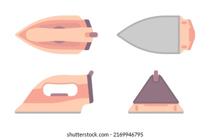 Flat simple iron with rounded corner in different perspective isolated on white background