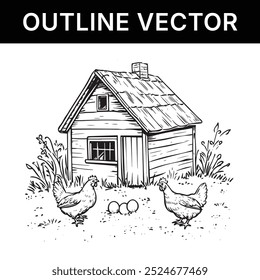 flat and simple line art concept ofbackyard farm with chickens and fresh eggs