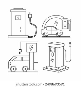 Flat simple line art electric vehicle zero emission icon set.