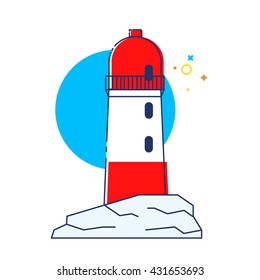 Flat simple line art lighthouse with windows and rock icon isolated on white background , glitch stamp, vector eps 10