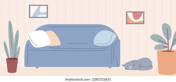 Flat simple living room, sofa plants in pots and cat. Home interior, furniture and accessories. Kitten in apartment vector illustration