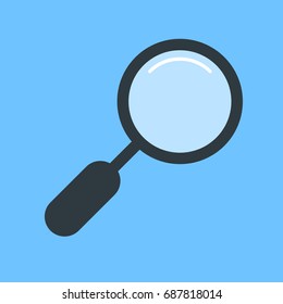 Flat simple magnifier isolated on blue background. Black outline search icon in the cartoon style. Vector magnifier illustration. Image with magnifying glass in a simple style.