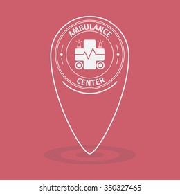 Flat simple map pointer of ambulance center on red background