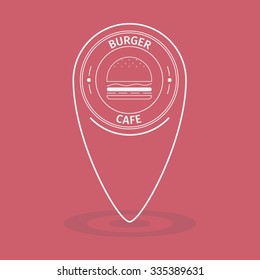 Flat simple map pointer of burger cafe on red background