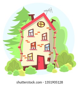 Flat, simple, multi-storey, multi-colored house in a forest or Park. Cartoon illustration: building with Windows, door, drainpipe, TV antenna and chimney