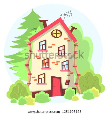 Flat, simple, multi-storey, multi-colored house in a forest or Park. Cartoon illustration: building with Windows, door, drainpipe, TV antenna and chimney