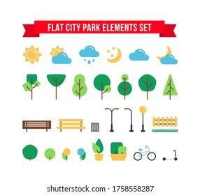Flat simple park or garden elements vector set. Urban outdoor decor elements collection. Tree, weather sign, bench, bush, bike and street lamps isolated for web icons, mobile app, infographics.