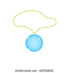 Flat simple pendant isolated on white background. Blue color icon of cute gem with gold chain in the cartoon style. Vector jewel illustration. Stone with splashes, sparkles and flashes.