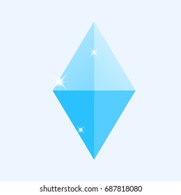 Flat simple precious stones isolated on white background. Blue color icon of cute gem in the cartoon style. Vector jewel illustration. Stone with splashes, sparkles and flashes.