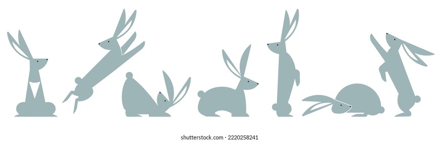 Flat simple rabbit set. Bunny in different poses. Cute cartoon vecor illustration. Chinese new year symbol. Easter sign. Isolated on white background.