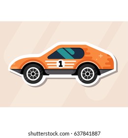 Flat simple racing car icon in orange color with number 1, sticker design, isolated on background, vector