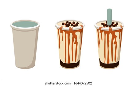 Flat simple set of bubble tea cup. Vector stock illustration, isolated elements. Tapioca pearl topping milk tea caramel and chocolate syrup 