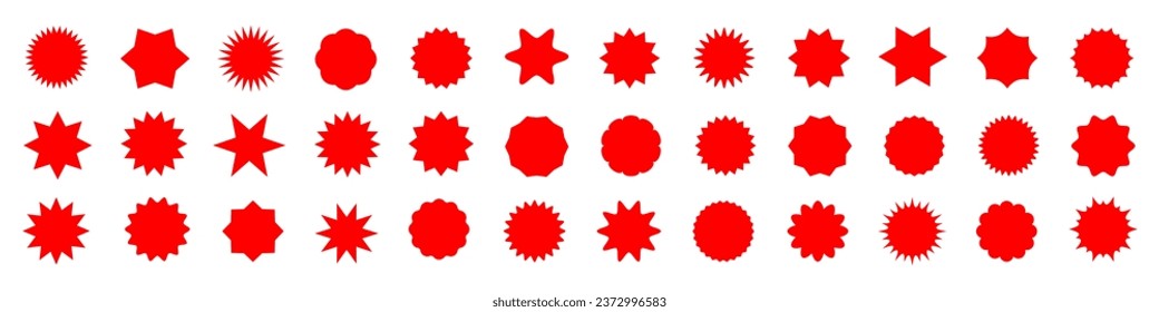 Formas simples y planas de starburst. Pegatina, etiqueta, insignia roja promocional sobre fondo blanco