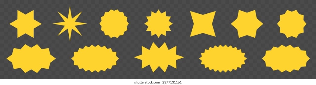 Flat simple starburst shapes. Sticker, label, promotional yellow badge on transparent background