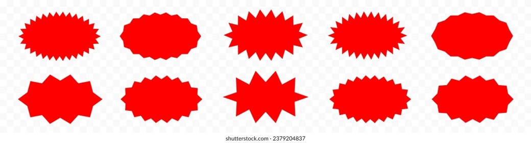 Flat simple starburst shapes. Sticker, label, promotional  red badge on transparent background
