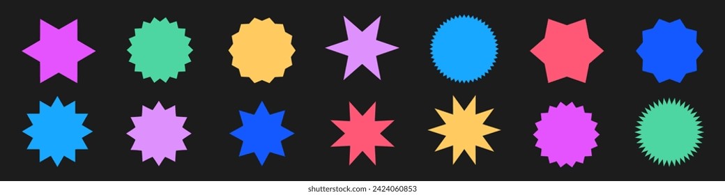 Flache, einfache Starburstformen. Aufkleber, Etikett, Werbebanner auf schwarzem Hintergrund