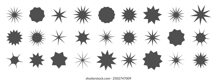 Flat simple starburst shapes. Sticker, label, promotional red badge on white background. Vector stars and sparkle silhouettes design elements.	