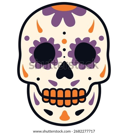 Flat and simple sugar skull illustration for Día de los Muertos, Halloween, Mexican holiday, festive skull design, colorful skeleton art, vector graphic for print and digital use.