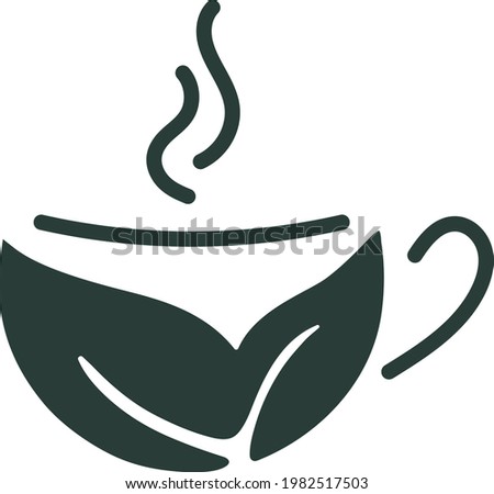 Flat simple symbol icon nature logo of coffee cup or hot tea made of leaves. Vector design. One colour modern style for nfographics, web design, templates on white background. 