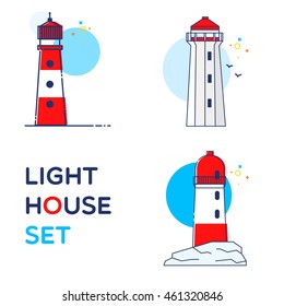 Flat simple three line art lighthouse set with windows rock and sea gull icon isolated on white background / vector eps 10