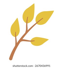 flat simple tree branch with yellow oval leaves vector clipart isolated on transparent background