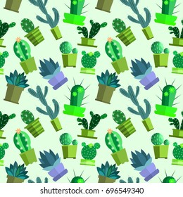 Flat simple vector cactus on green background. Seamless pattern for your design.