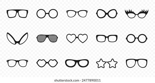 Iconos del modelo de las gafas de Vector simples planas. Hombre, Mujeres Marcos, Diferentes Formas, Gafas De Sol De Corte. Gafas monocromas aisladas. Siluetas de gafas