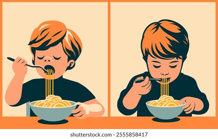 A flat simple vector illustration. Baby boy eats pasta, spaghetti, fettuccine.