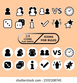 ilustración vectorial simple plana. el conjunto de iconos de reglas de juego de mesa incluye un icono: un jugador, dos jugadores, tres jugadores, morir, reloj, información, reloj, confrontación en un fondo beige, 24 piezas.