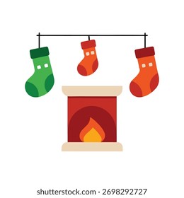 Ilustración vectorial plana y sencilla de medias de Navidades colgadas sobre una chimenea.
