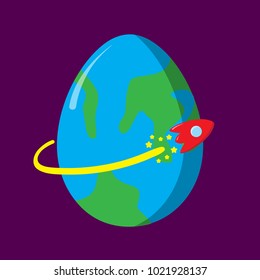 Flat simple vector illustration for Happy Easter. Planet Earth in the shape of a chicken egg. Cosmonautics Day. Red rocket flies in space. Travel concept. Congratulations on the holiday. star shape