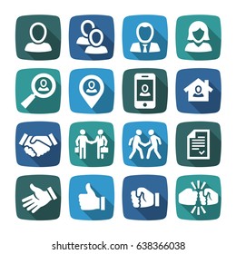 Flat simple vector person and handshake basic icon set with long shadow in blue button.
