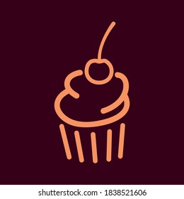 flat simple vector stroke cupcake with cherry icon