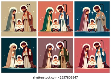 flat simple vector without gradients Nativity scenes are artistic depictions of the birth of Jesus, featuring Mary, Joseph, the baby Jesus