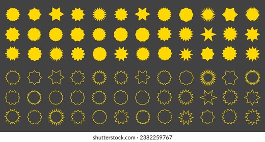 Flat simple yellow starburst shapes. Sticker, label, promotional badge on transparent background