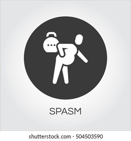 Flat simplicity icon of person with spasm in pain. Delivery care concept. Black round logo for websites, mobile apps and other design needs. Vector contour pictograph