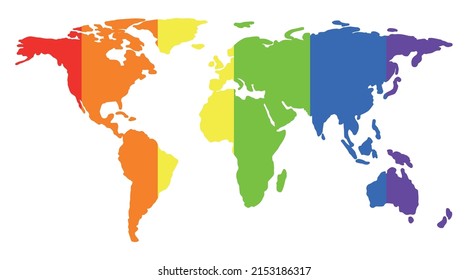 Flat Simplified Earth Map In Rainbow Colors. Illustration In Support Of The LGBT Community. Pride Month.