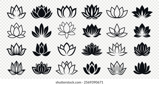 Flat Single Color Vector Lotus Flower Icon Set. Monochrome Floral Symbol Collection. Lotus Silhouette Design for Yoga and Spa Logo. Botanical and Nature Emblem Set. Elegant Flower Clipart