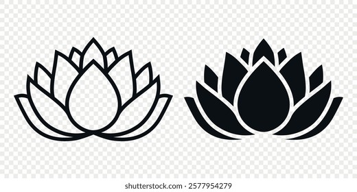 Flat Single Color Vector Lotus Flower Icon Set. Monochrome Floral Symbol. Lotus Silhouette Design for Yoga and Spa Logo. Botanical and Nature Emblem Set. Elegant Flower Clipart